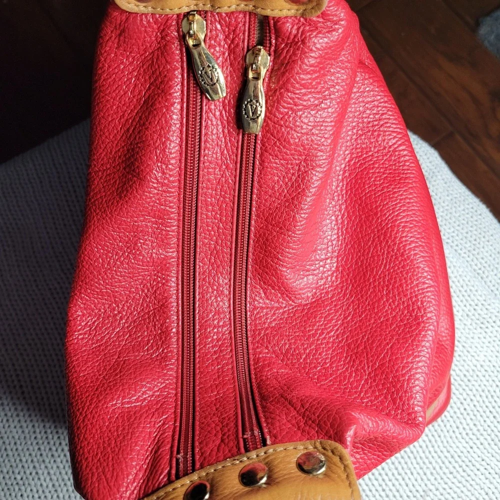 Valentina Red Pebbled Leather Hobo Shoulder Bag Tan Gold Hardware Italian READ
